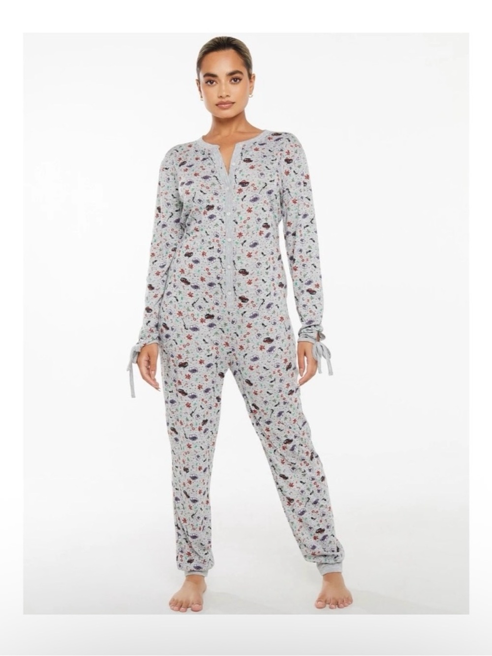 Savage X Fenty Heather Gray Floral Button-Front Pajama Jumpsuit